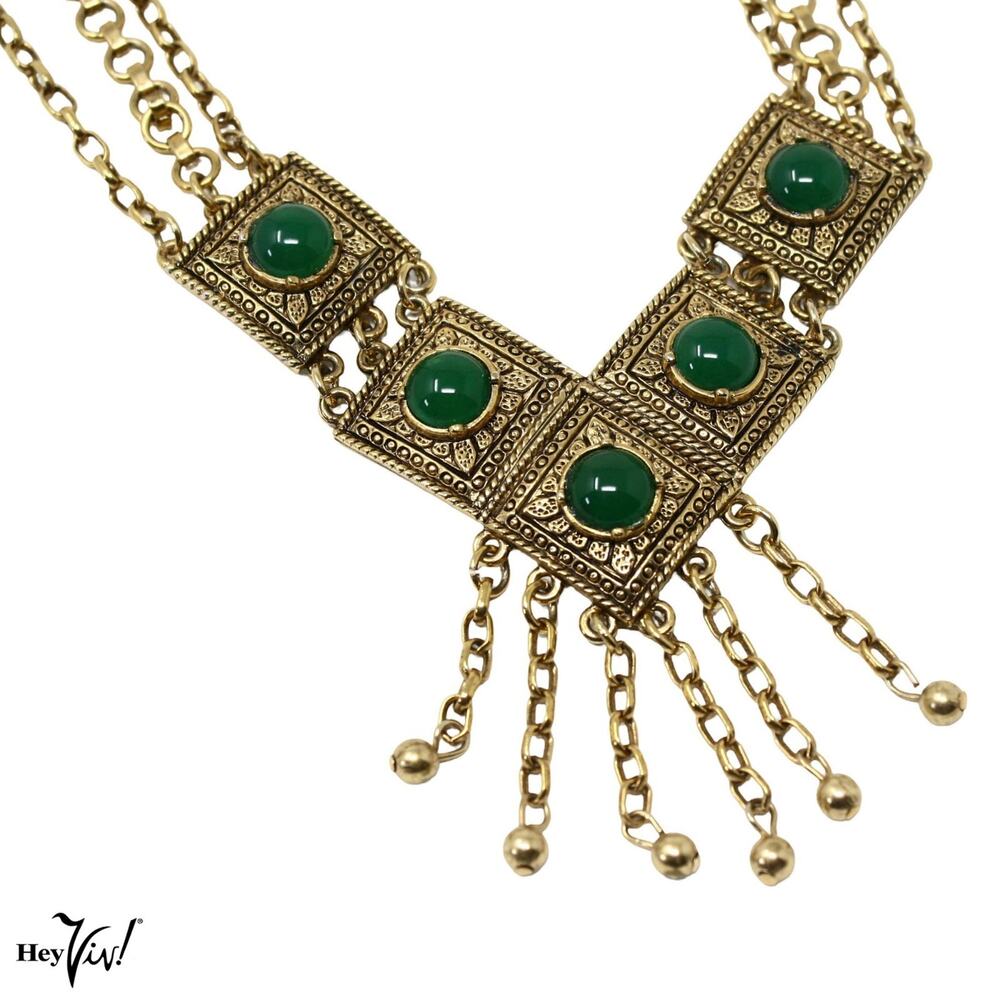 Vintage Lucien Piccard Green Cabochon Gold Tone Fringe Necklace 17" - Hey Viv